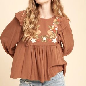 New In Loom Embroidered Ruffle Shoulder Blouse